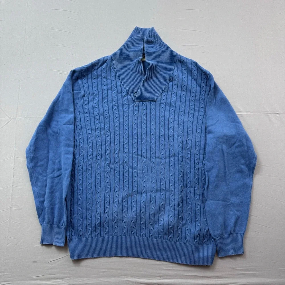 Southern Pines Mens XL Blue Cable Knit Shawl Collar Cotton Sweater Pullover
